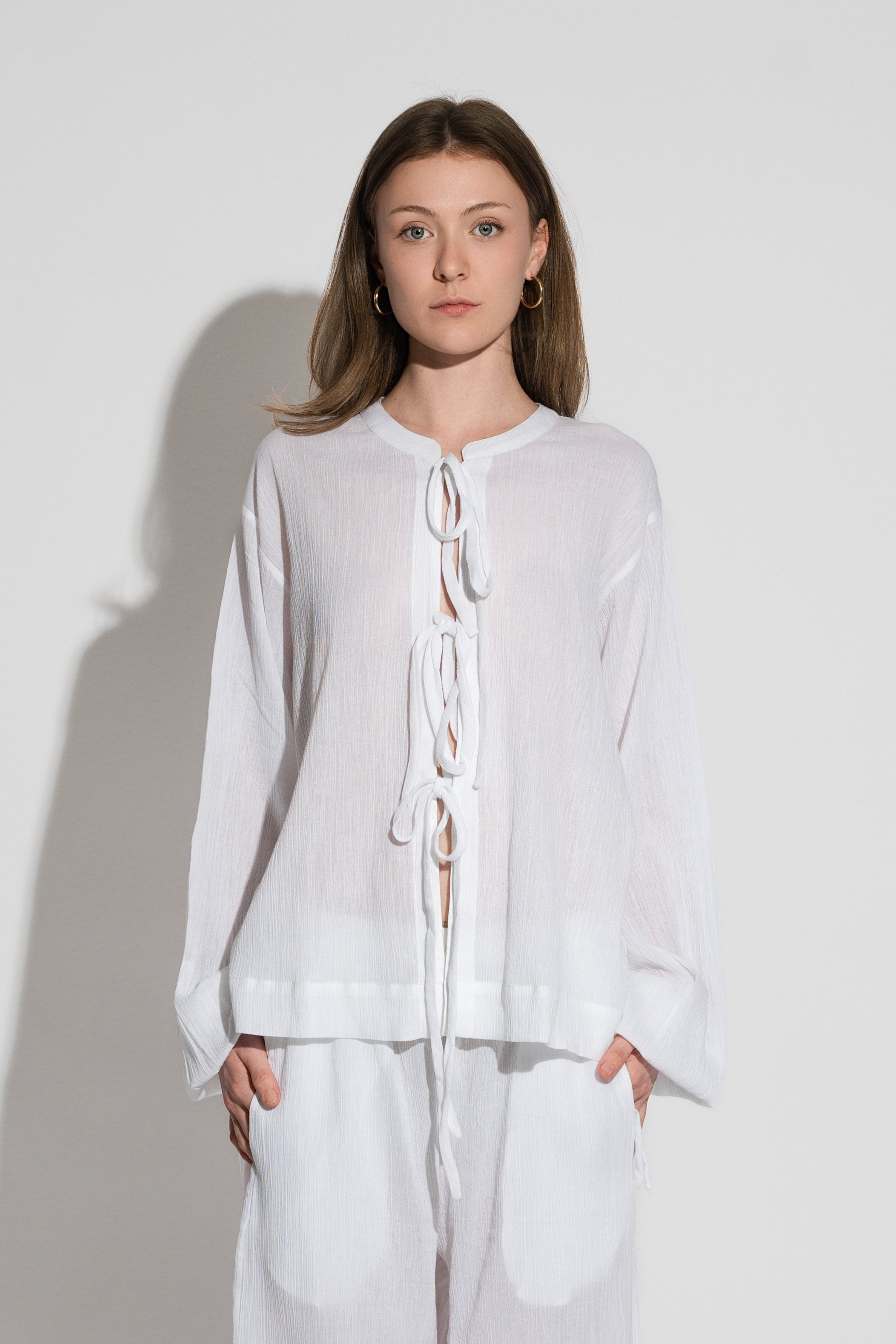 Crushed Cotton Tie Shirt White