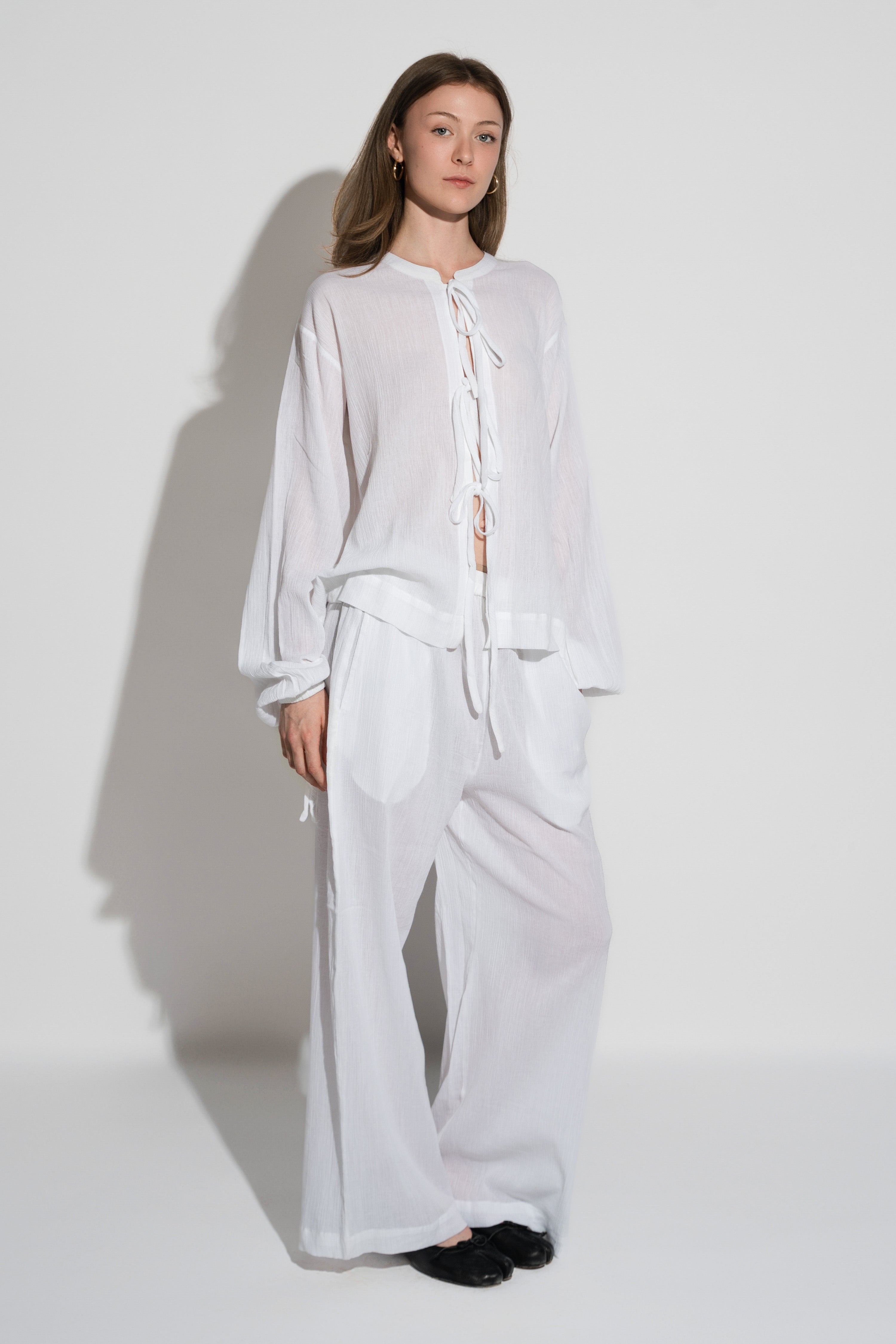 Crushed Cotton Tie Shirt White