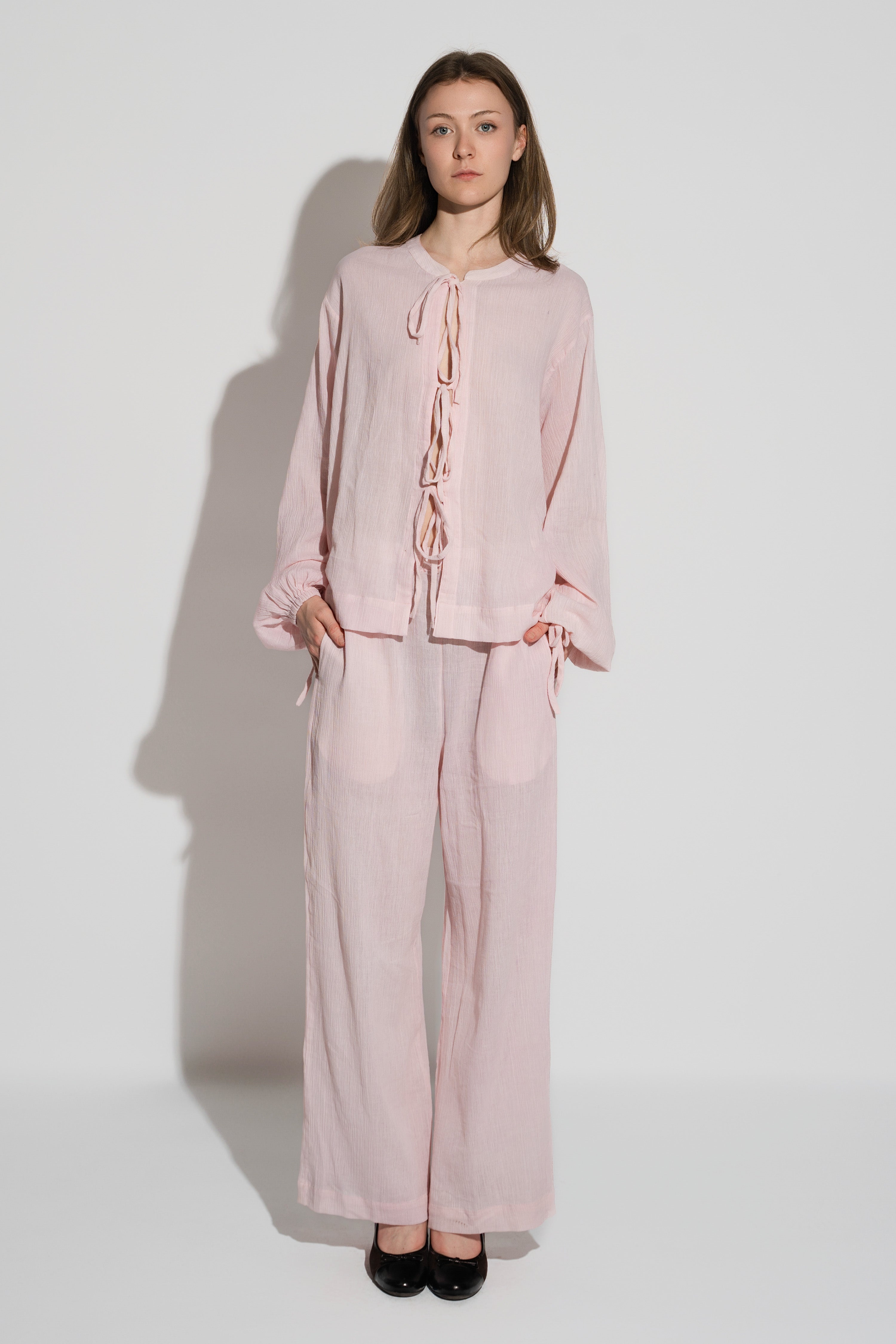 Crushed Cotton Tie Blouse Pink