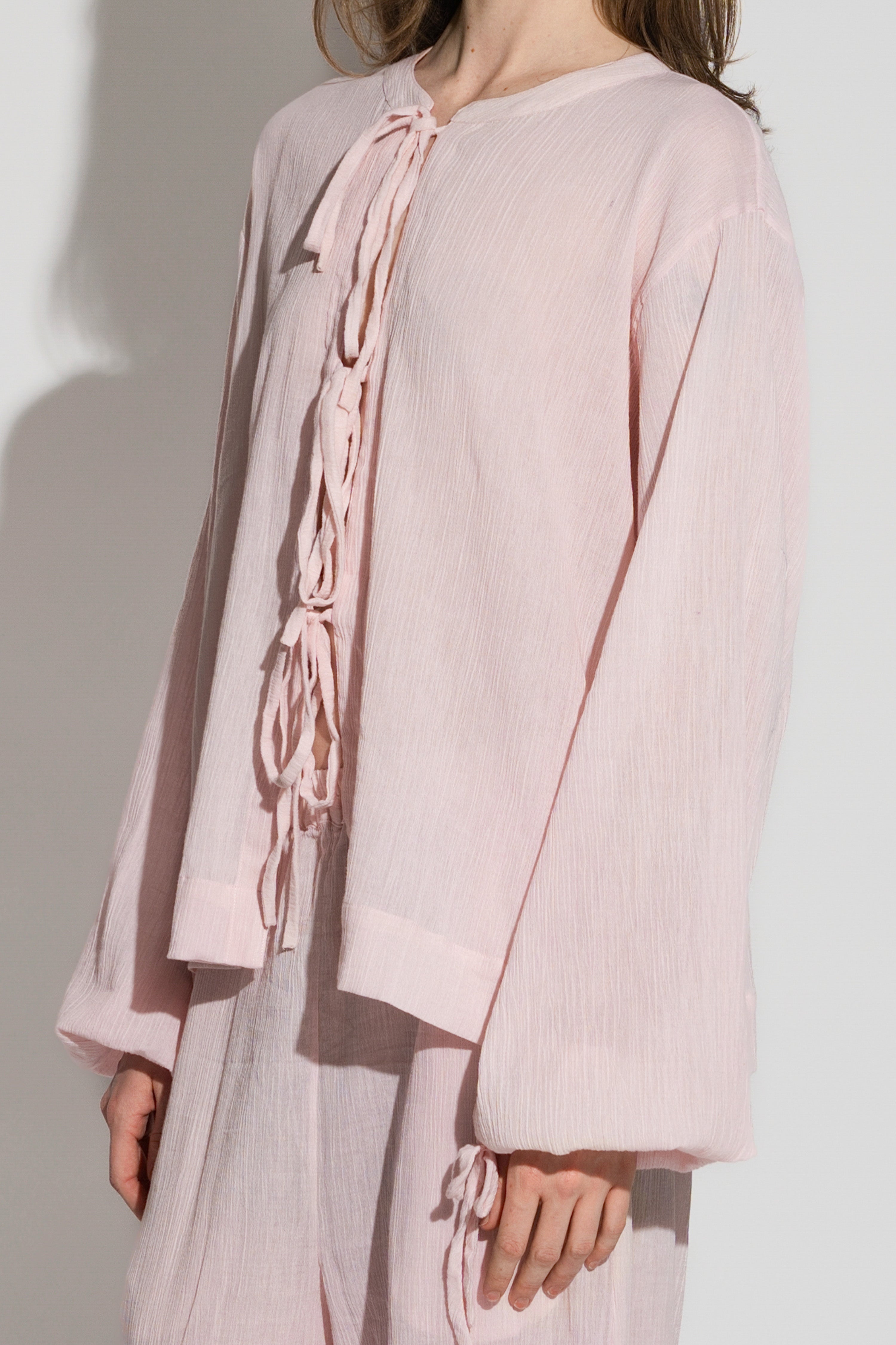 Crushed Cotton Tie Blouse Pink