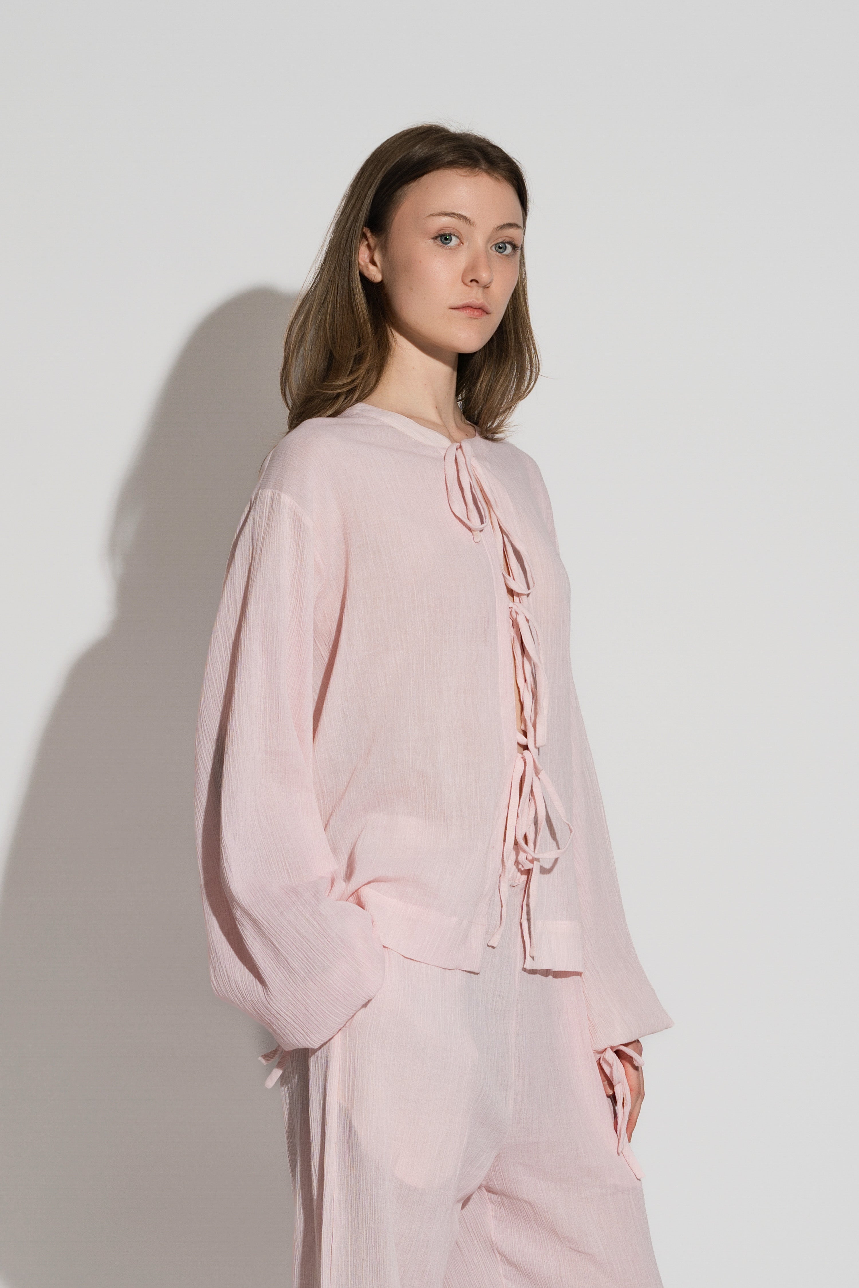 Crushed Cotton Tie Blouse Pink