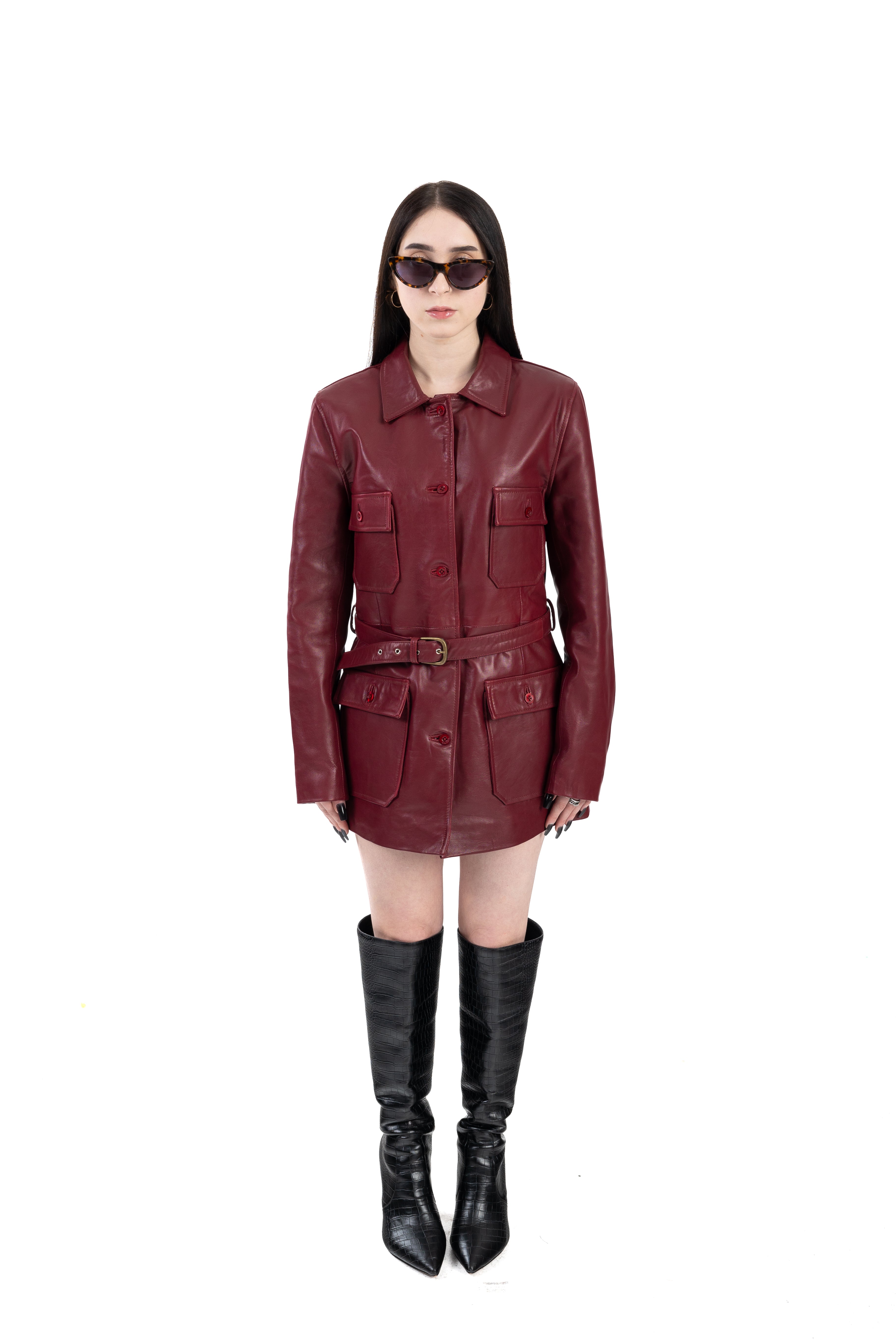 Burgundy Belted Leather Jacket