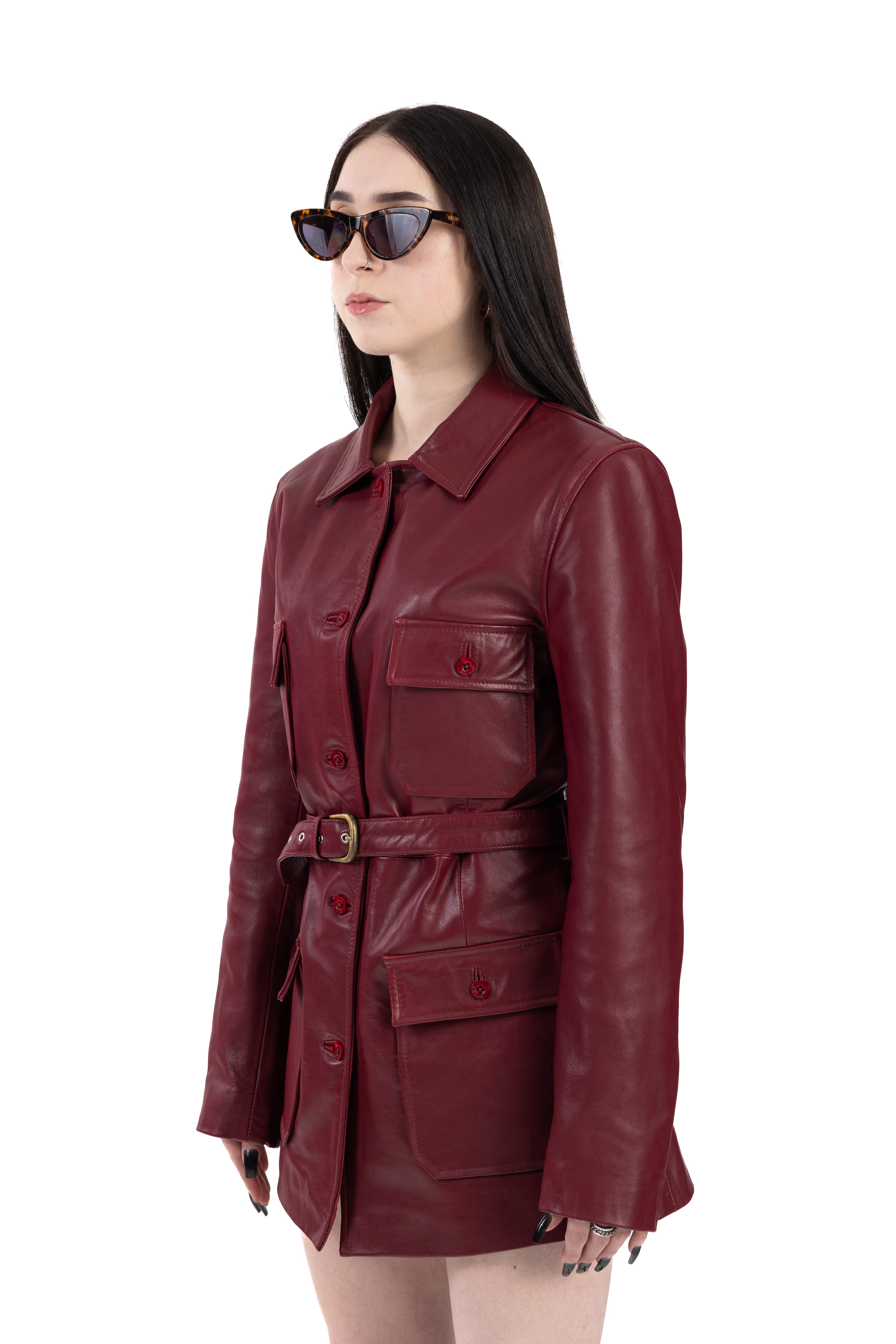 Burgundy Belted Leather Jacket