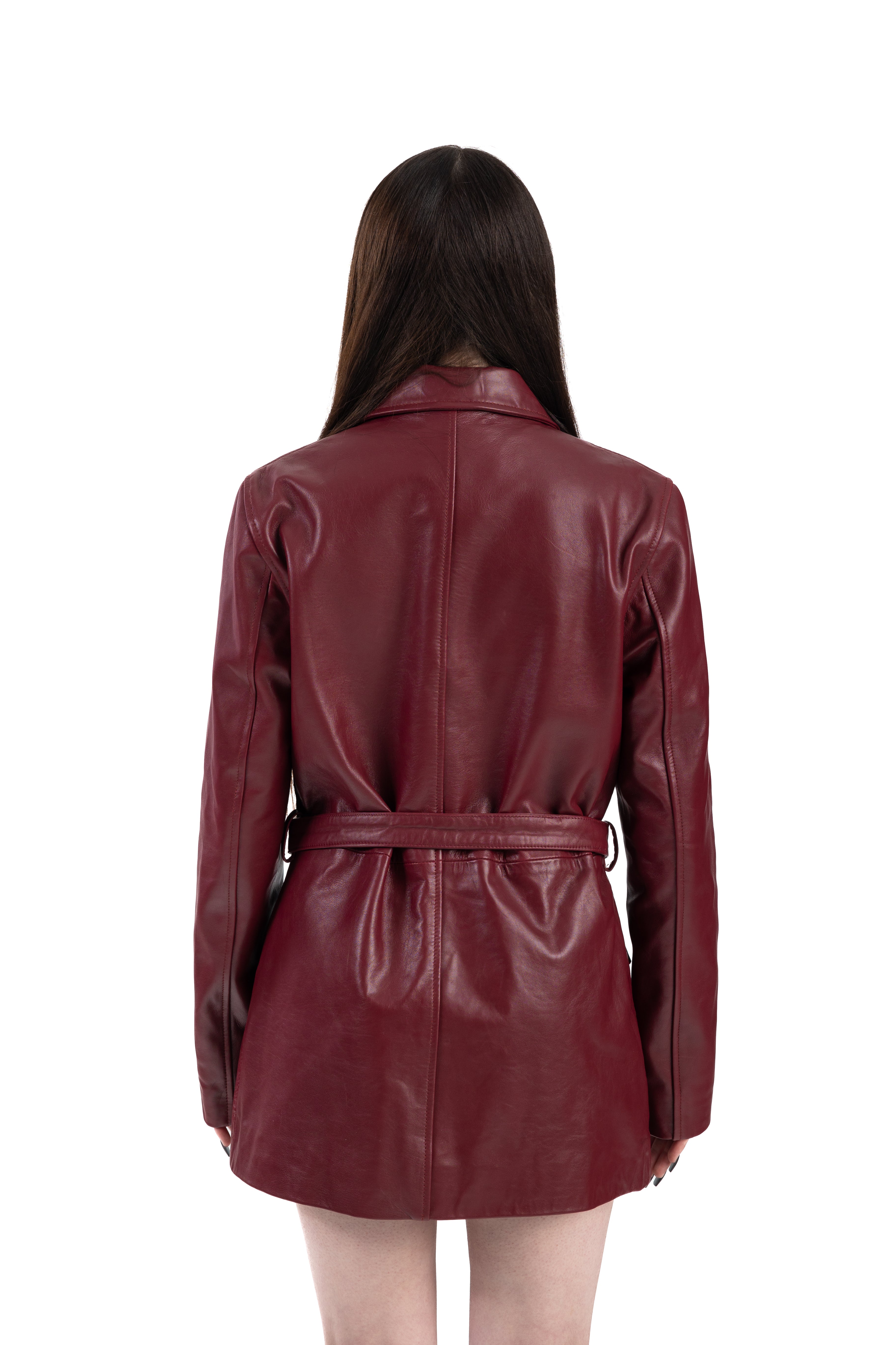 Burgundy Belted Leather Jacket