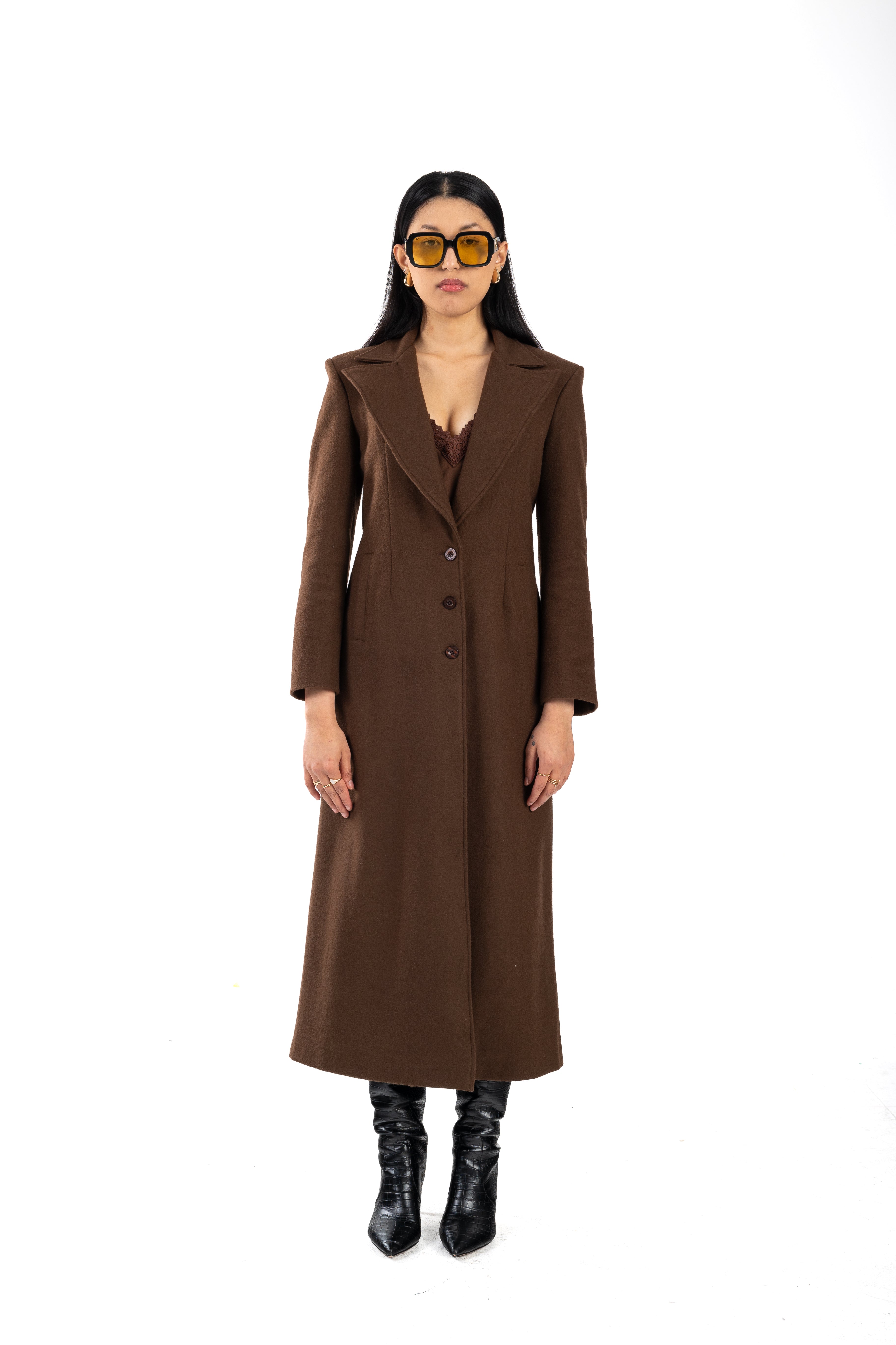 Rigid Shoulder Long Wool Coat