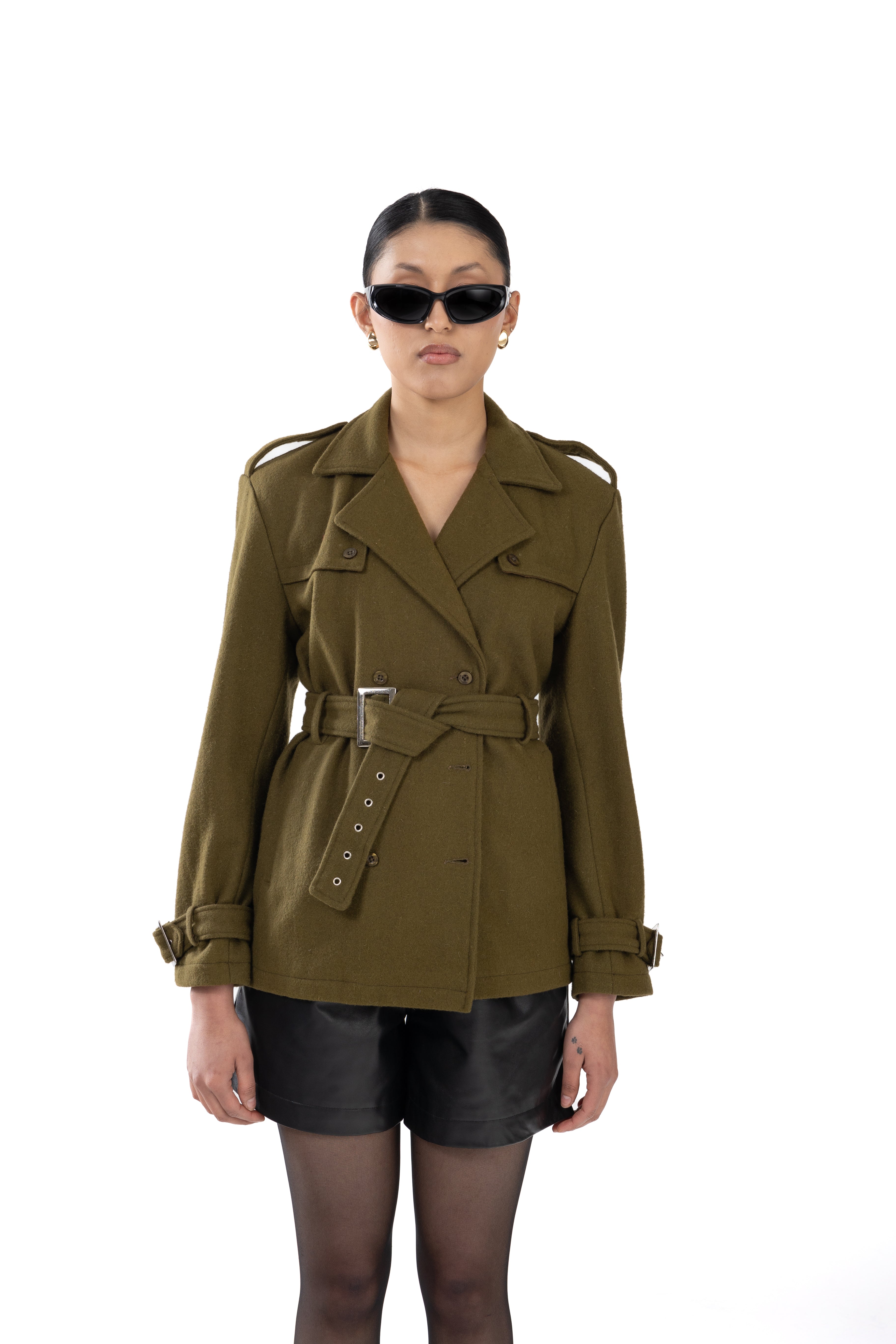 Olive Green Belted Short Trench Coat Wool