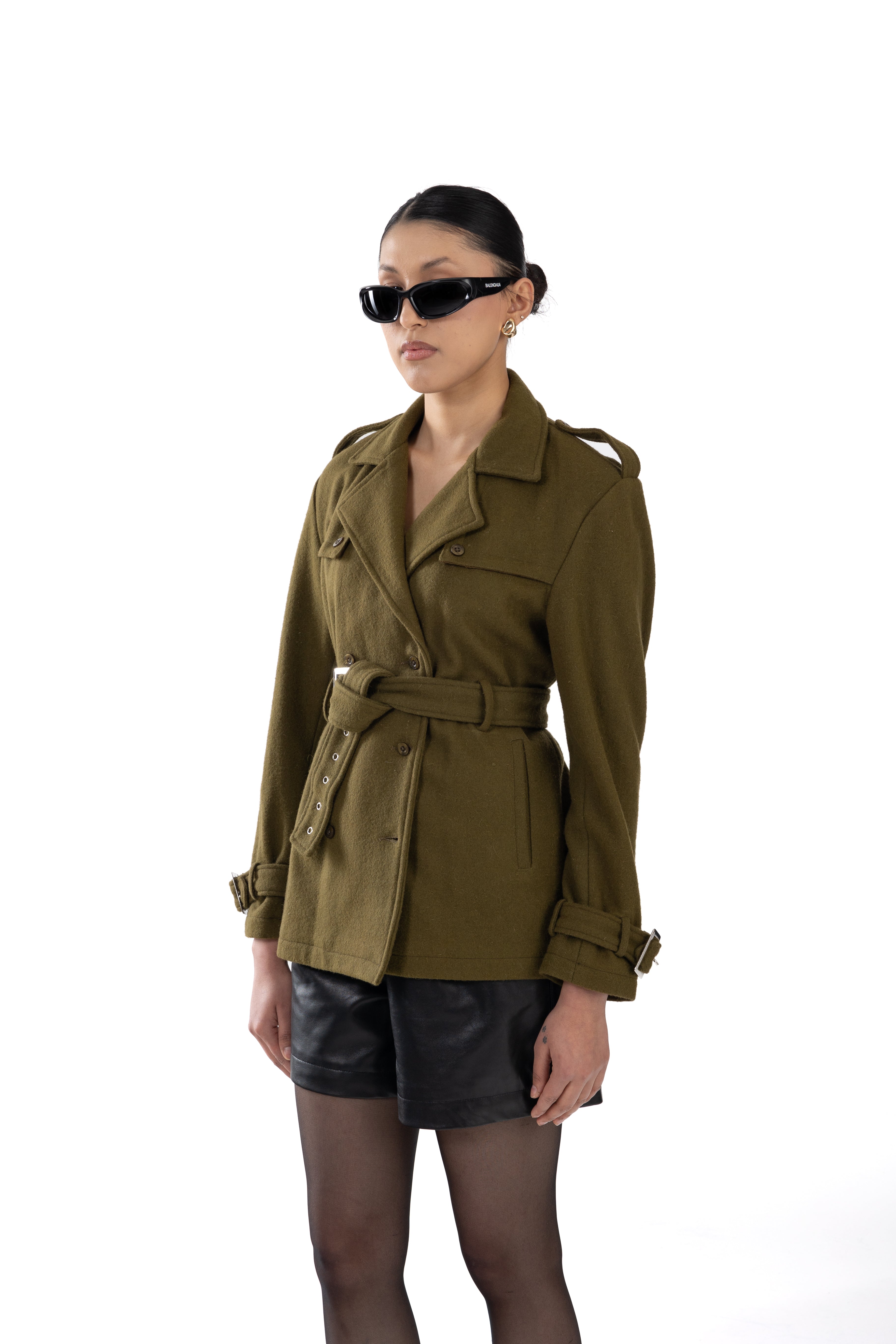 Olive Green Belted Short Trench Coat Wool