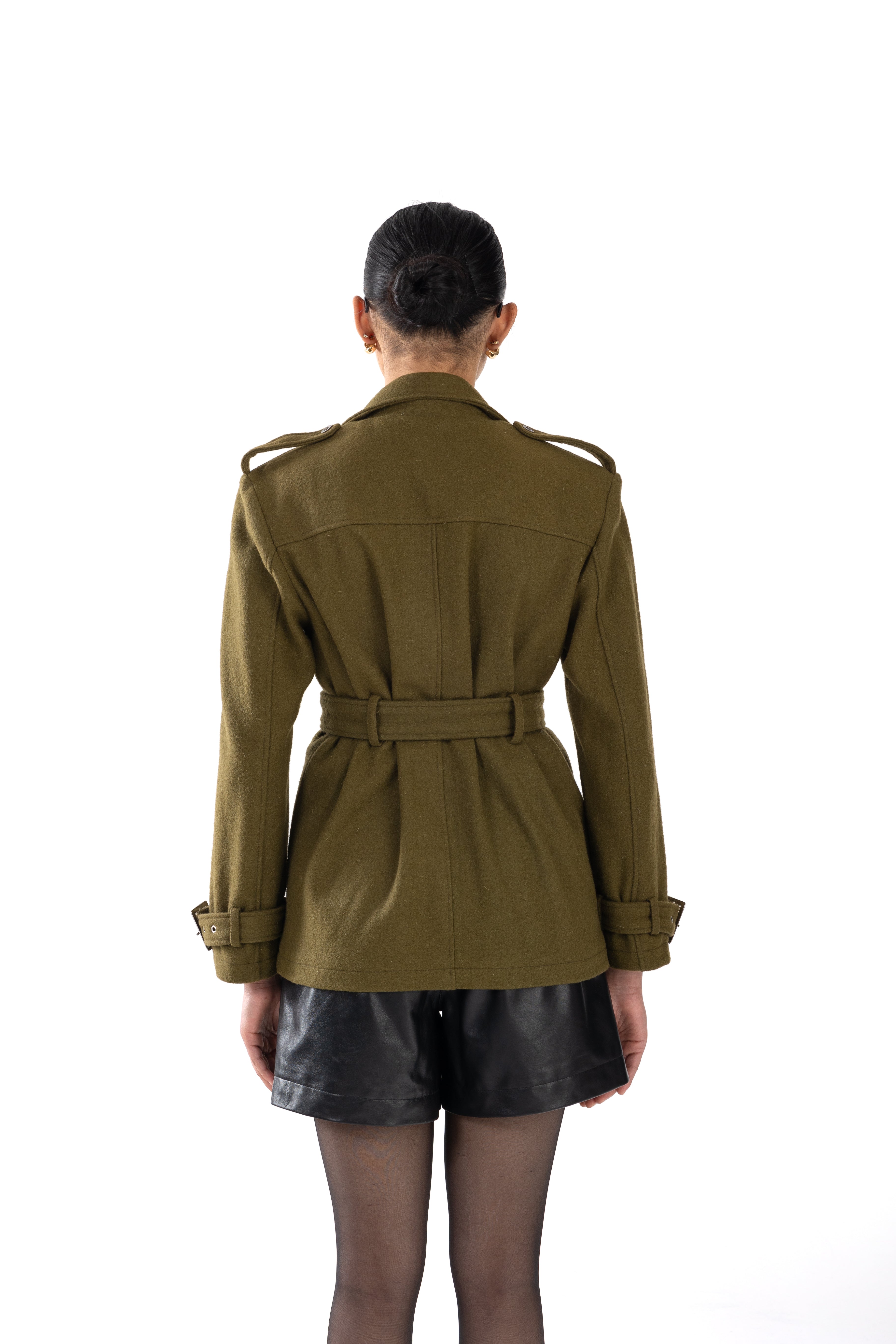 Olive Green Belted Short Trench Coat Wool