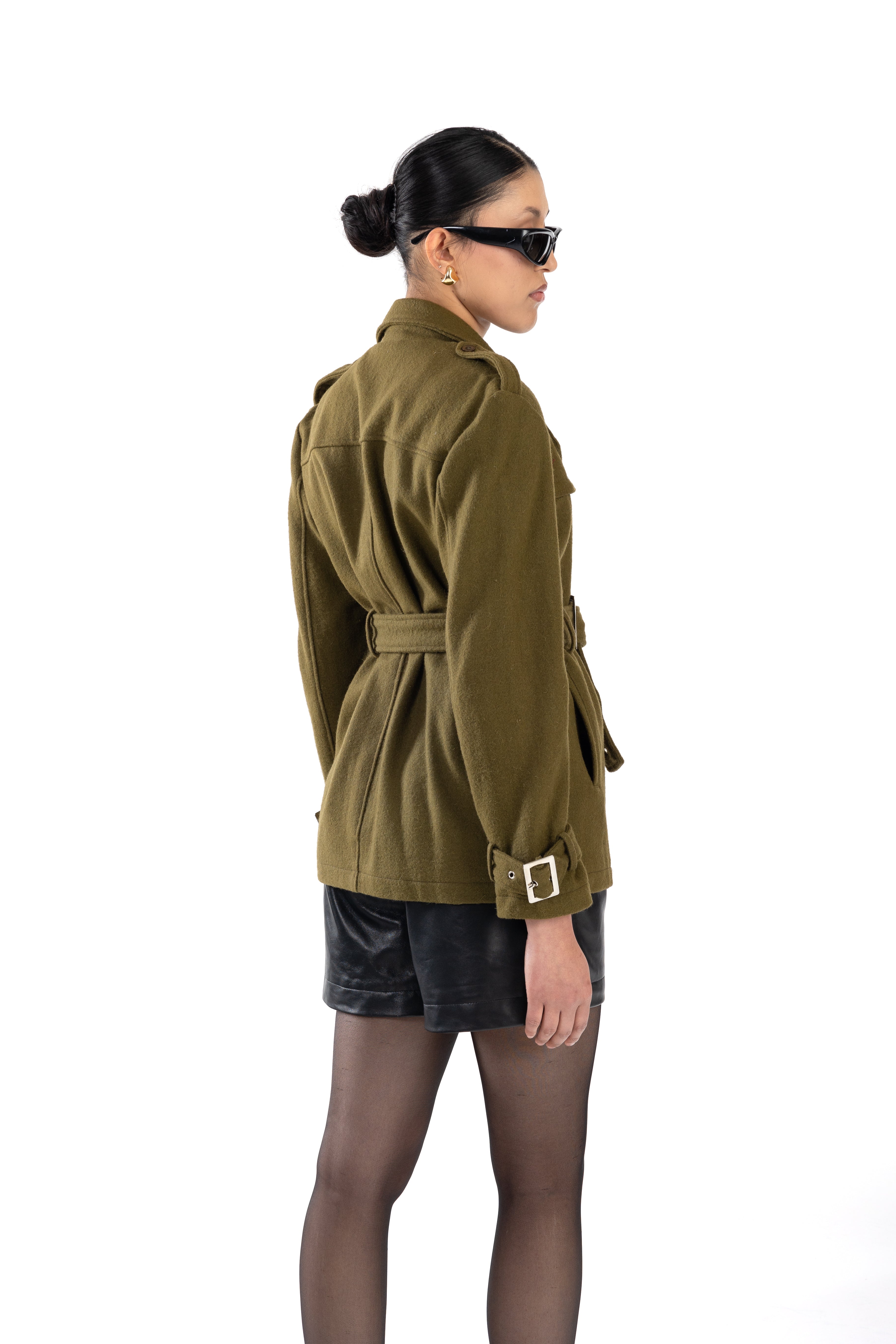 Olive Green Belted Short Trench Coat Wool