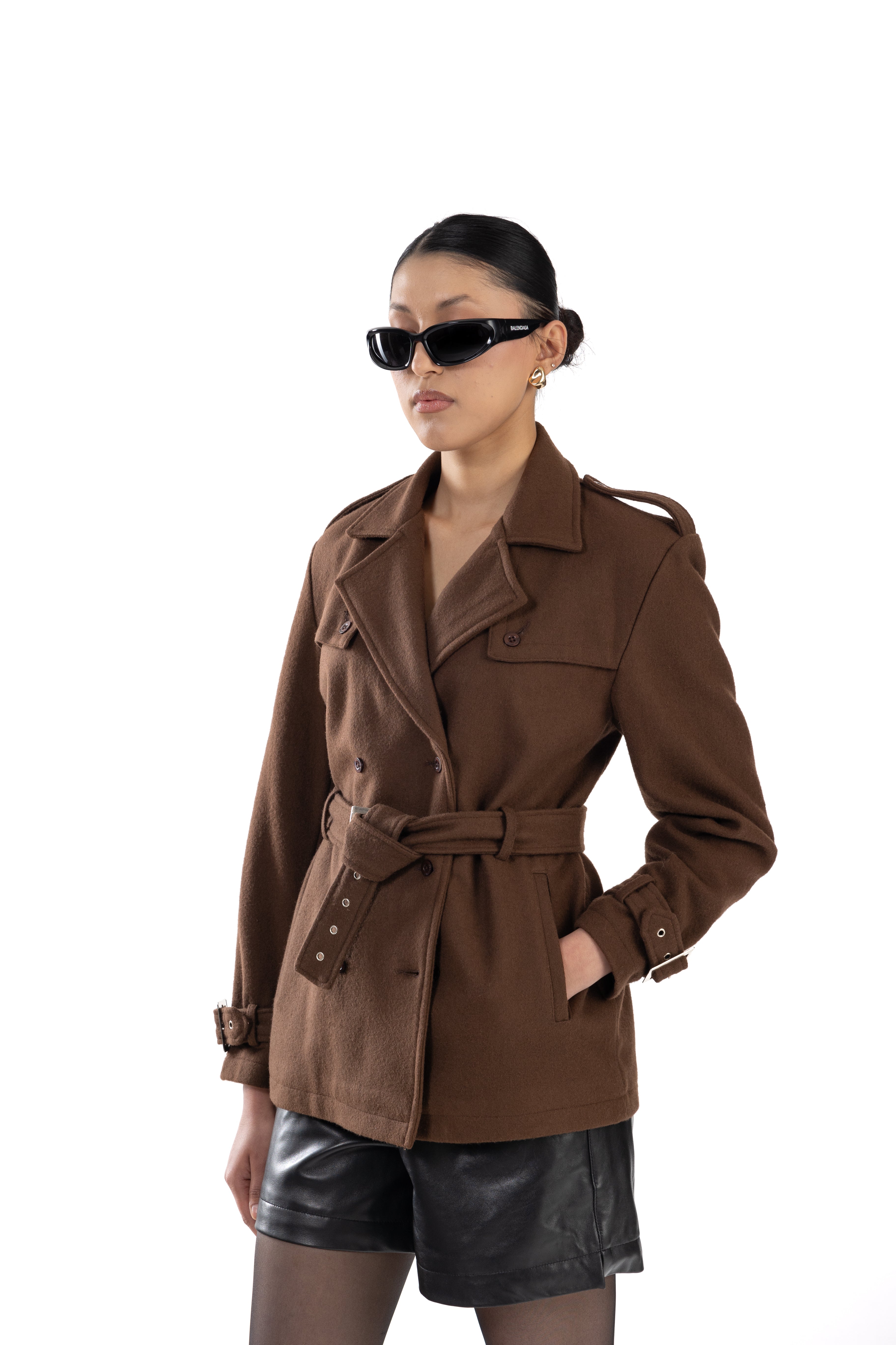 Brown Belted Short Trench Coat Wool