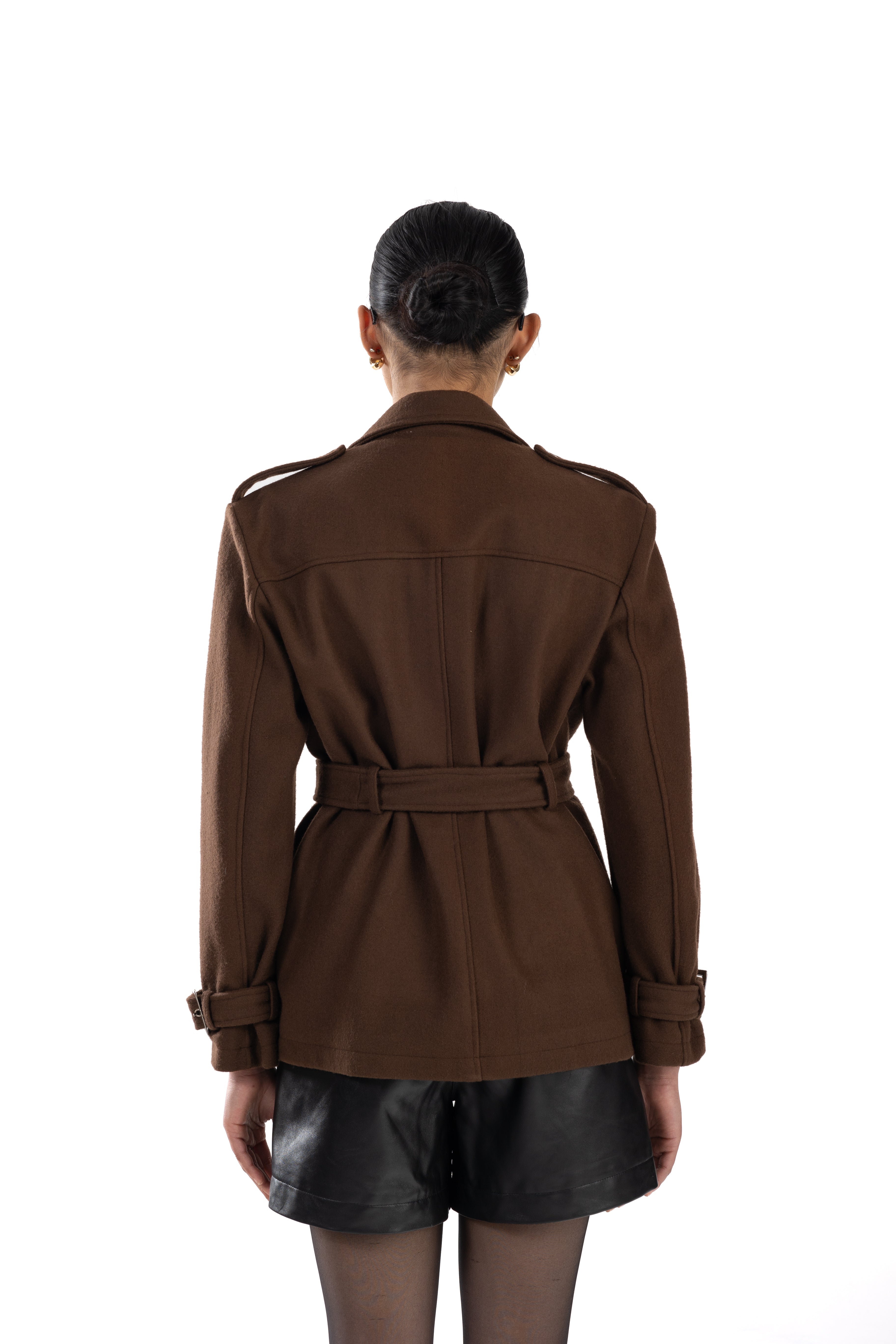 Brown Belted Short Trench Coat Wool