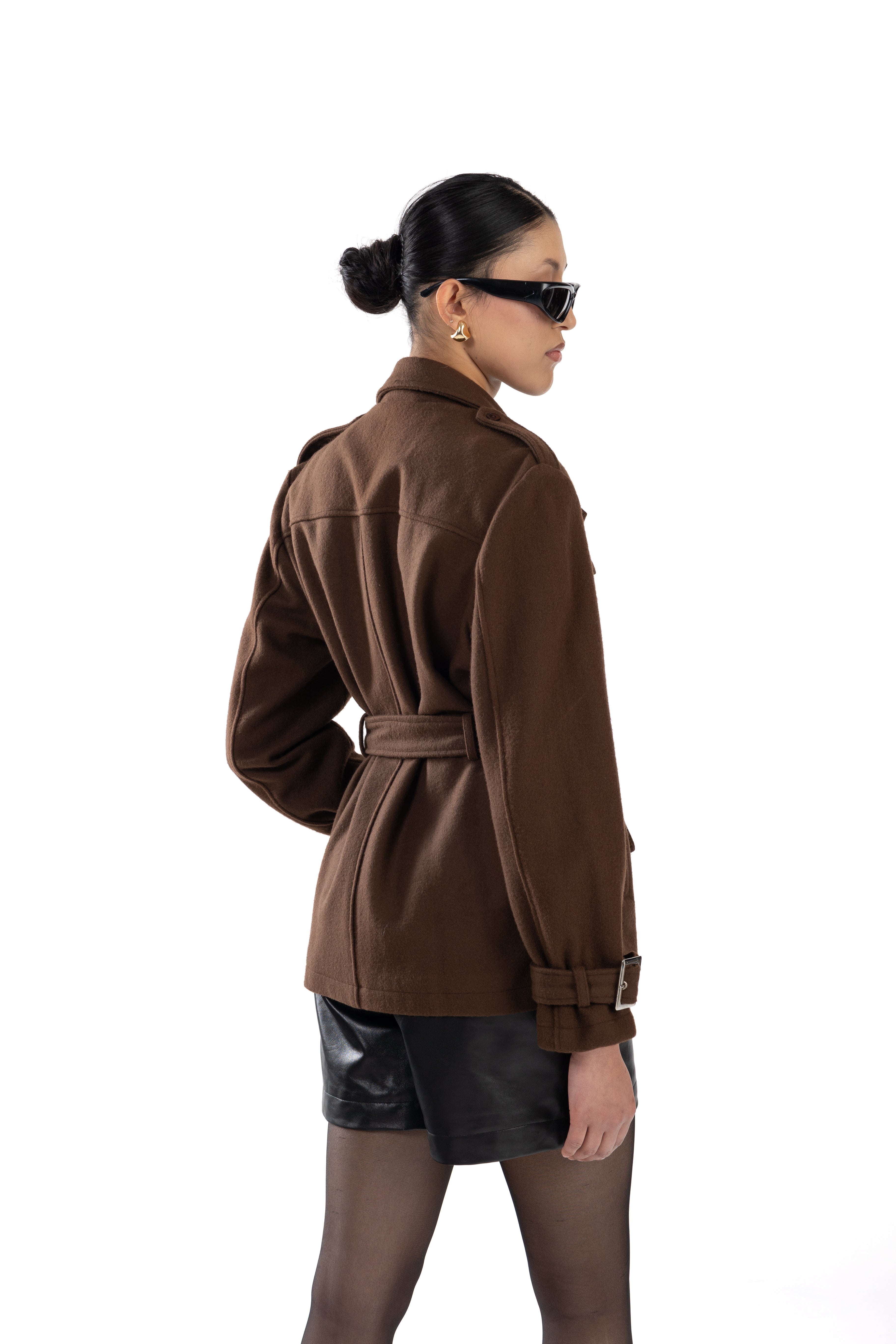 Brown Belted Short Trench Coat Wool