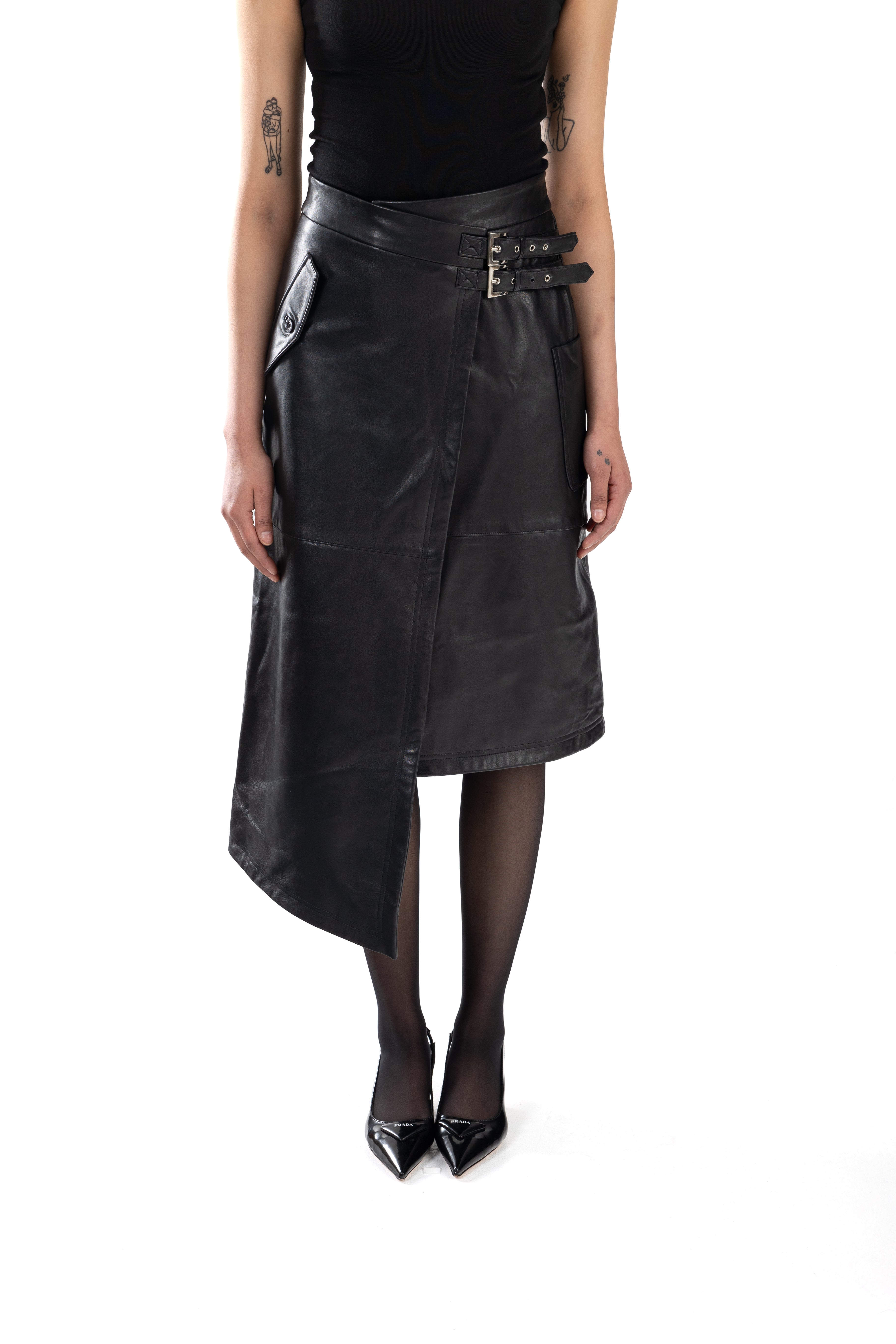 Black Belted Asymmetrical Leather Skirt