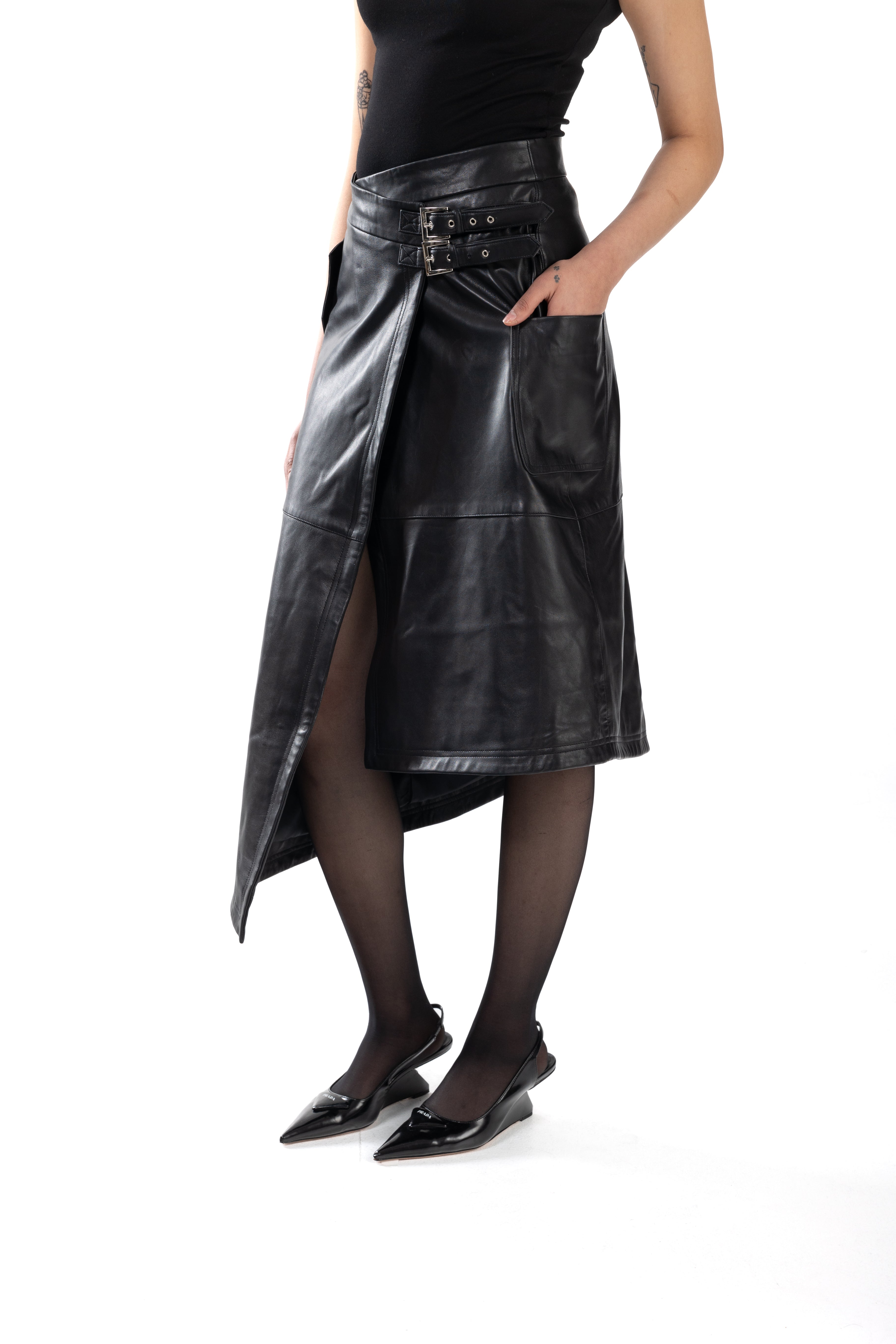 Black Belted Asymmetrical Leather Skirt