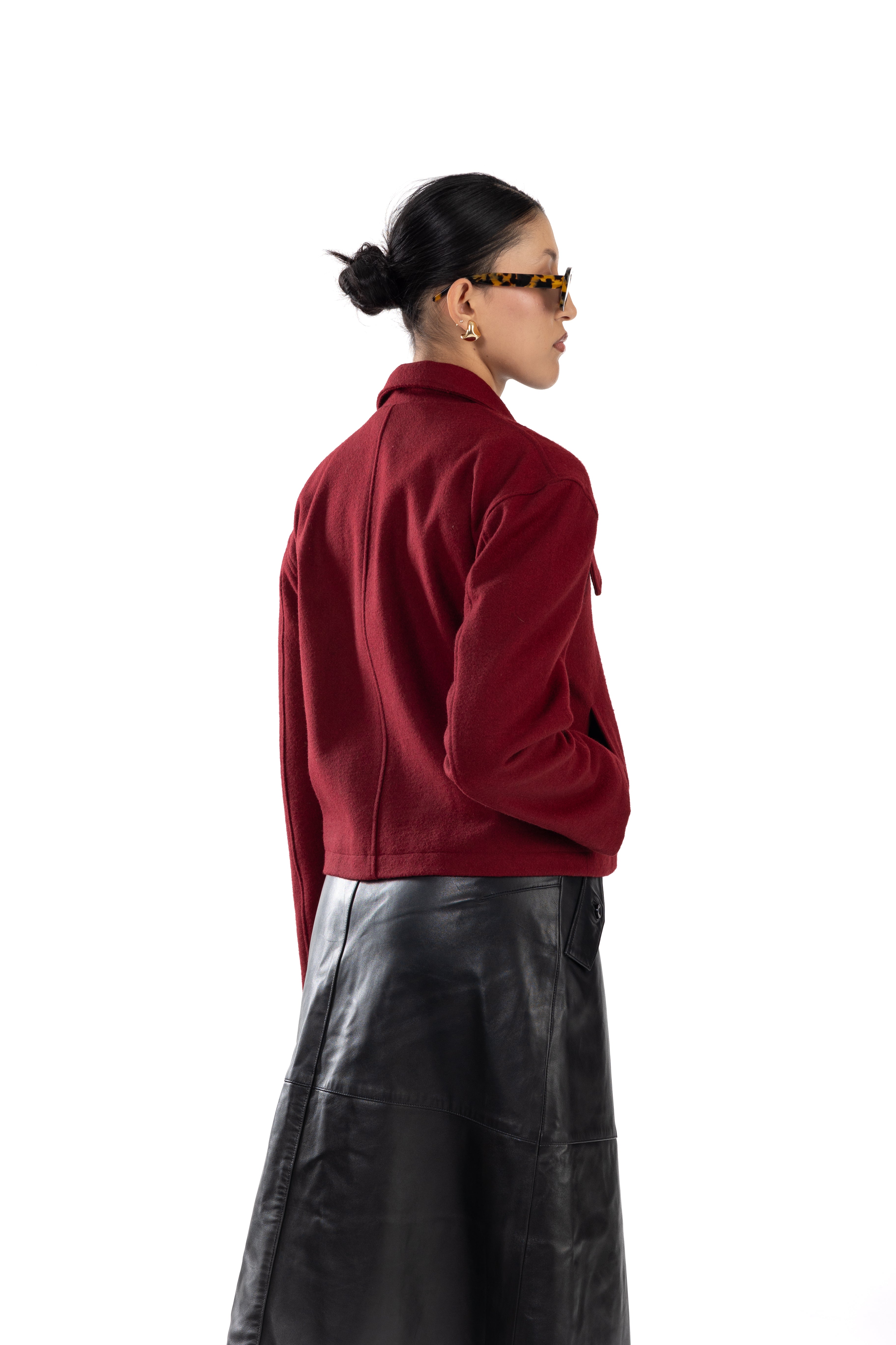 Burgundy Crop Jacket In Wool