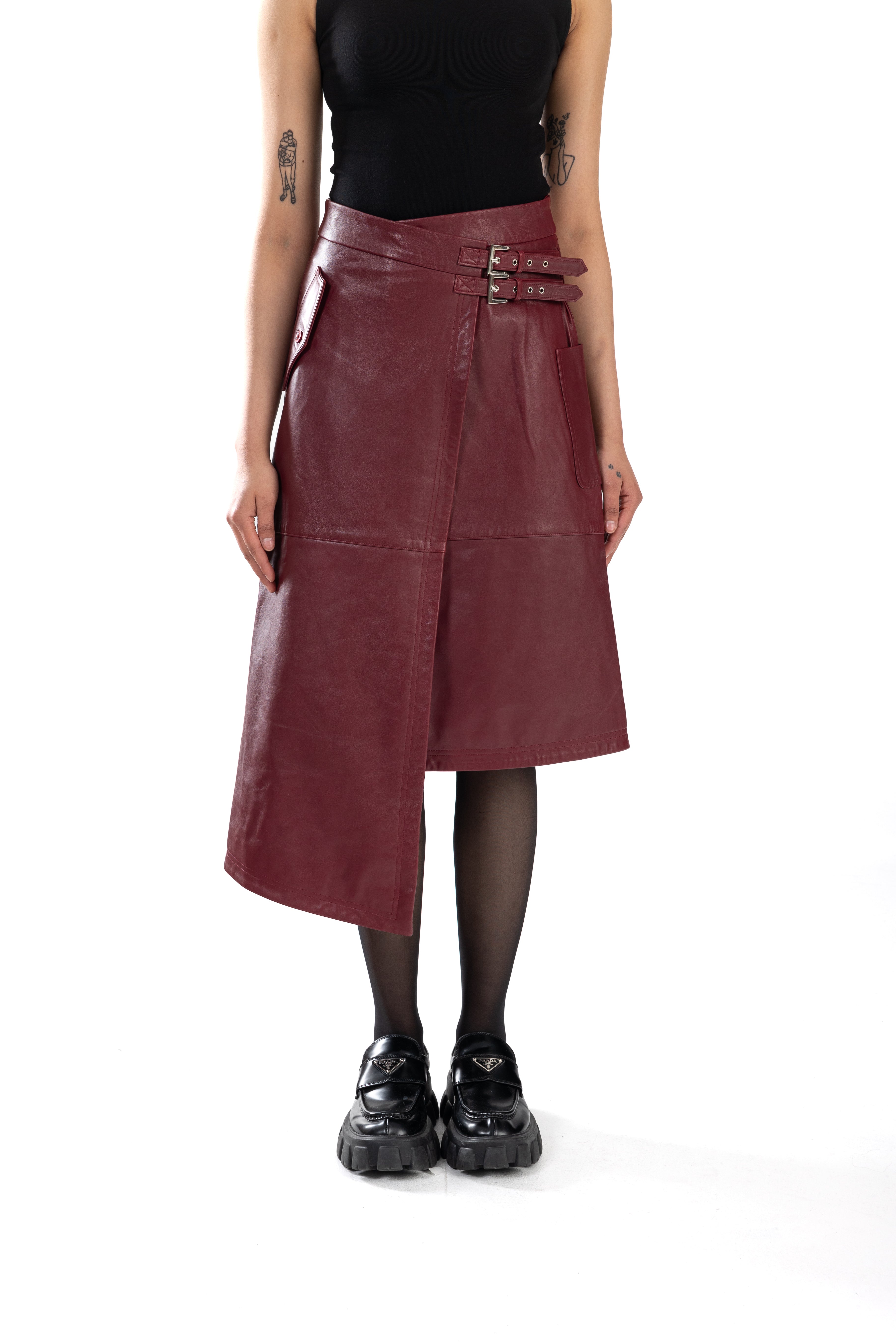 Burgundy Belted Asymmetrical Leather Skirt