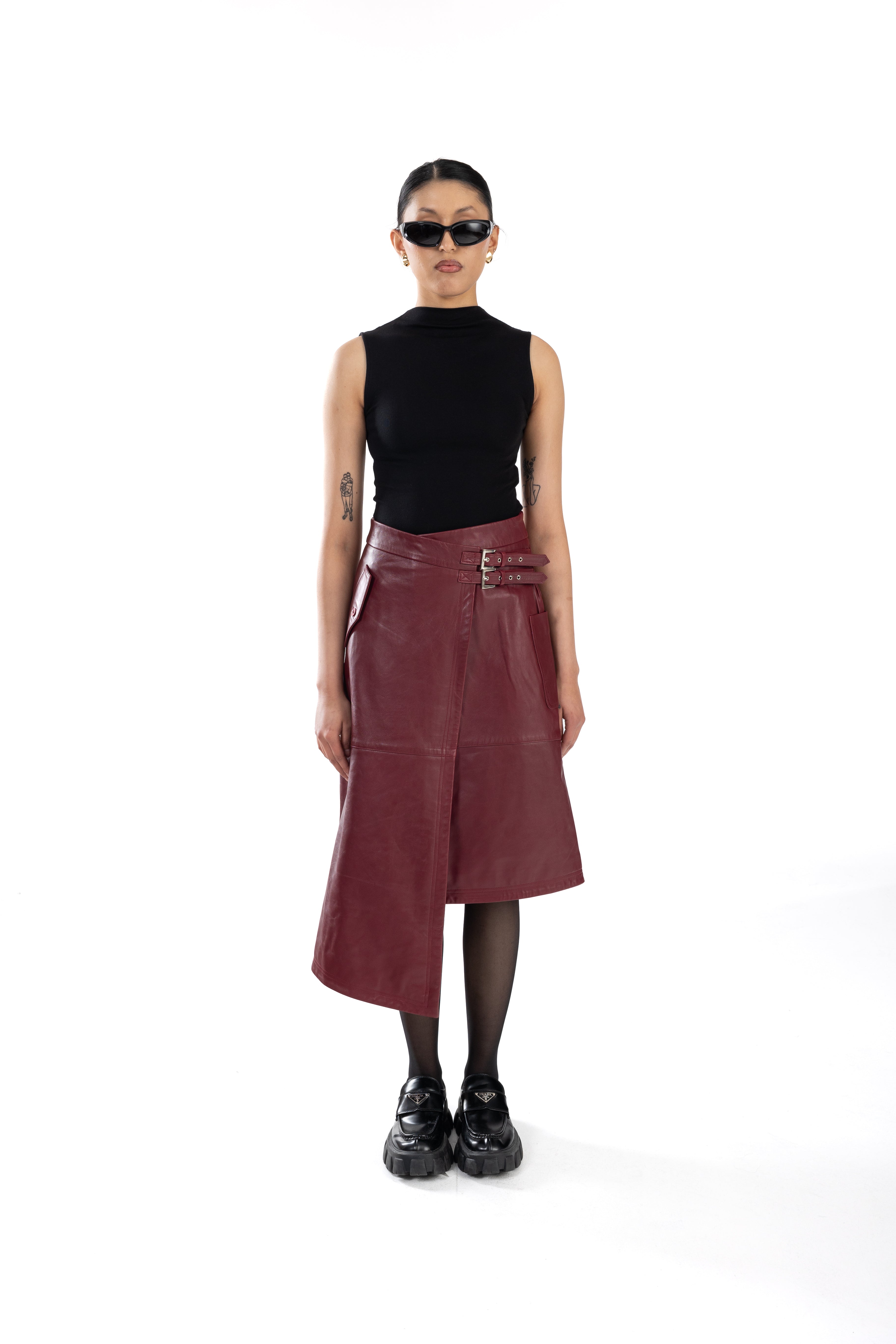 Burgundy Belted Asymmetrical Leather Skirt