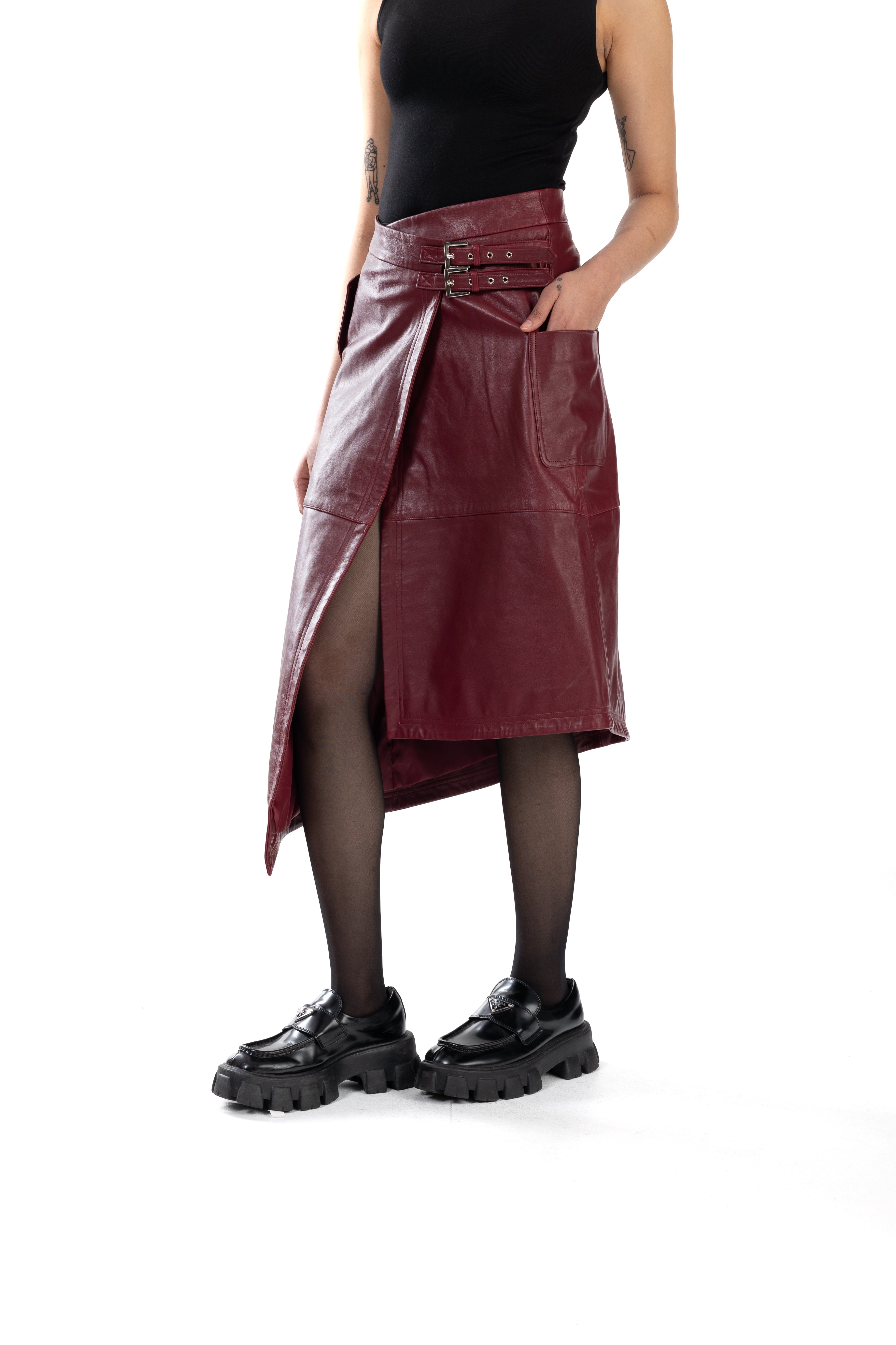 Belted Asymmetrical Leather Skirt